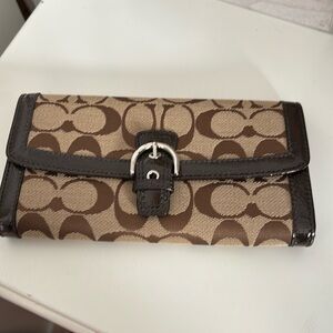 Coach Tri Fold Monogram Fabric and Patten Leather Wallet with Buckle Brown